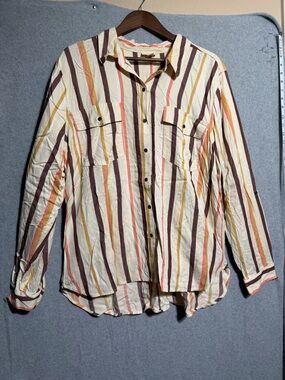 a.n.a Striped Button-Up Shirt in Cream, Brown & Coral